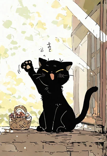 \(seedyoulater\), naguru \(cyoroama\),
very awa, masterpiece, highres, absurdres, newest
(cat:1.2), black cat, (no humans:1.1), scared, paws, fur, (cute:1.2), comfy, solo, stretching, yawning,
basket, OO,
day, sunlight, sunrays, home
<lora:TA_trained:0.75>, <lora:ponyv4_noob1_2_adamW-000017:0.33>, <lora:shiroski:0.75>,