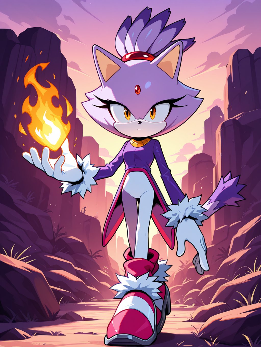 <lora:On-model_Sonic_Characters:1> Blaze the cat, looking at viewer, expressionless, pyrokinesis, outdoors, masterpiece, best quality, amazing quality, very aesthetic, absurdres, new, newest,