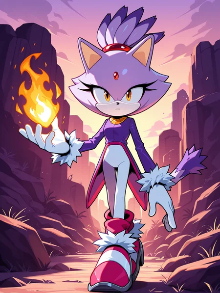 <lora:On-model_Sonic_Characters:1> Blaze the cat, looking at viewer, expressionless, pyrokinesis, outdoors, masterpiece, best quality, amazing quality, very aesthetic, absurdres, new, newest,