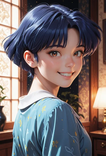 HDR, 8K, high contrast, masterpiece, best quality, amazing quality, very aesthetic, high resolution, ultra-detailed, absurdres, newest, scenery, chiaroscuro, 1girl, solo,akane_tendou, short_hair, blue_hair, brown_eyes, cute smile, teeth, cute eyes, , dim lighting ,looking back at viewer, dark room, face focus, BREAK, photorealistic, beautiful detailed eyes, detailed skin, detailed hair, volumetric lighting, dappled light, light particles, dramatic shadows, cinematic lighting, photo background, <lora:ponyxl\cfg_scale_boost:0.7> h4v_h0l0,