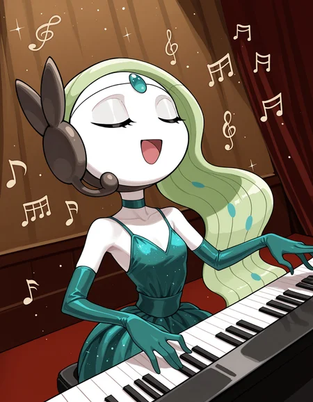 masterpiece, best quality, amazing quality, very detailed, newest, no humans, WnMltt, white skin, forehead gem, green hair, pokemon \(creature\), 1girl, on stage, singer, performer, (opera, playing piano), (green dress, elegant, music notes, singing, elbow gloves), sparkling dress, sleeveless dress, choker, jewellery, gems, open mouth, (solo), met gala, sitting, (dynamic pose, dynamic angle), smile, close-up, upper body, face focus, closed eyes, long hair, , <lora:4cccbc02-2bd2-4623-a661-feb02be03f0c:1.0>