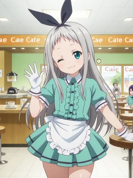 detailed background, shiny skin,
<lora:hideri.pony:1>
hideri, 
thick thighs, 
one eye closed, idol pose,  standing, 
facing viewer, 
cafe,