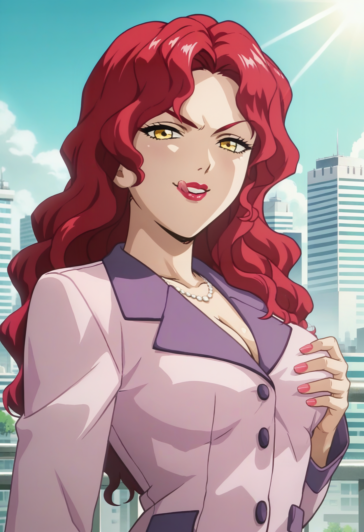 score_9, score_8_up, score_7_up, score_6_up, anime screencap, anime coloring, <lora:ISTAUtakoDaigo-000009:0.8>, ISTAUtakoDaigo, red hair, long hair, wavy hair, yellow eyes, lipstick, nail polish, medium breasts,
white necklace, cleavage, pink jacket,
looking at viewer, seductive smile, v-shaped eyebrows, licking lips, half-closed eyes, grabbing own breast, upper body, from side, 
BREAK cityscape, day, sunlight, sunbeam,