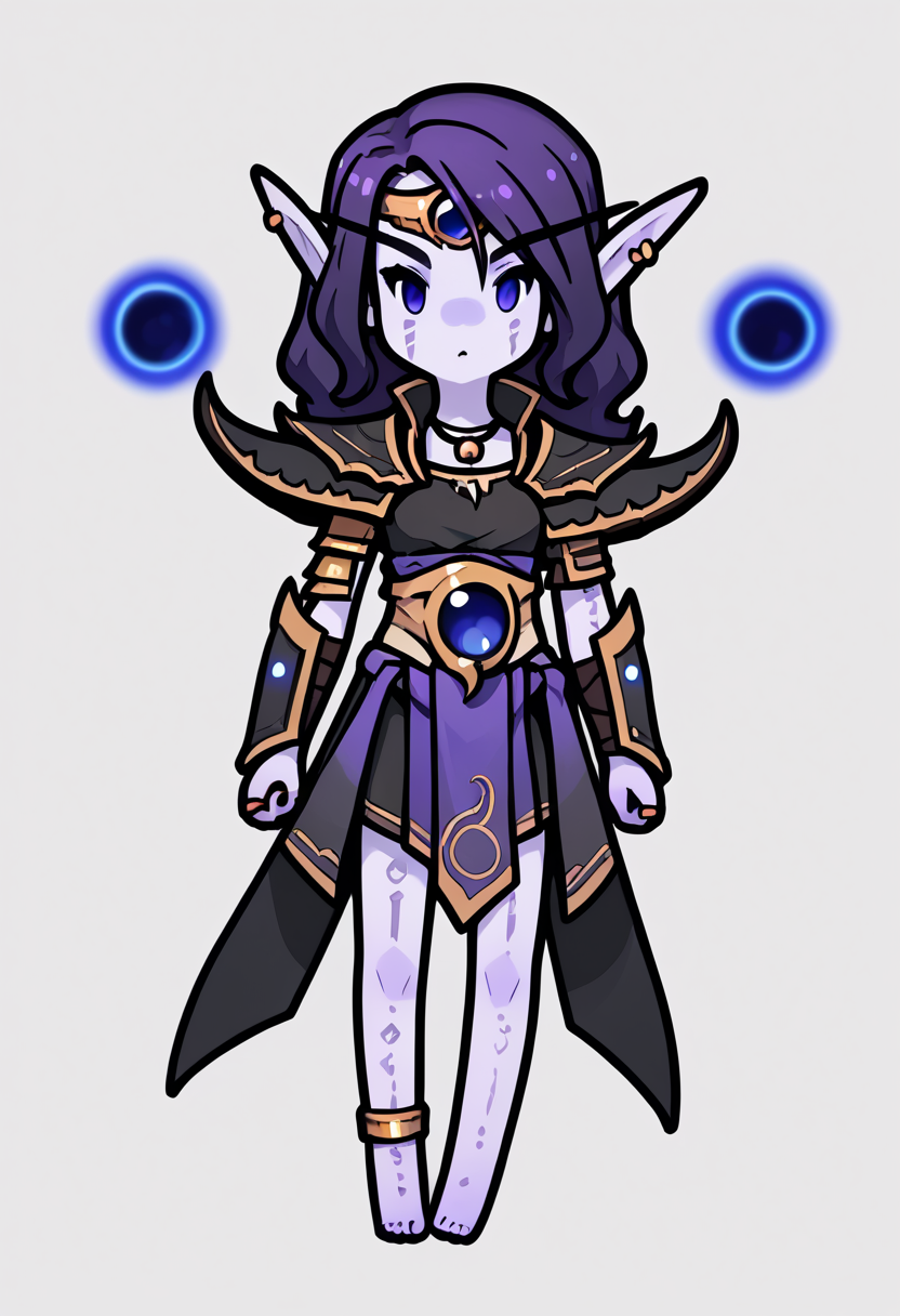 score_9, score_8_up, score_7_up, score_6_up, score_5_up, score_4_up, BREAK 
1girl, chibi, 
xalatah, purple hair, long hair, purple eyes, colored skin, purple skin, glowing eyes,
pointy ears, elf, earrings,
void sphere,
anklet, armor, bracelet, bracer, pauldrons, shoulder armor, vambraces,
barefoot, toe ring, toenails, floating,
standing, full body, solo, looking at viewer, simple background, white background <lora:RabbitAndSteelXLLocon:1>  <lora:XalAtahXL_byKonan:1>