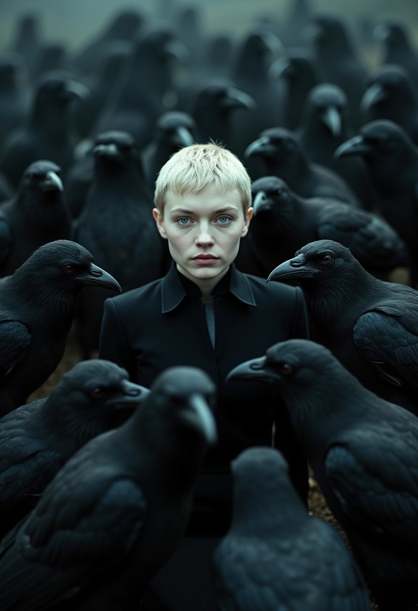 A pale-skinned figure with short, platinum blonde hair gazes directly at the viewer from the center of a swirling mass of dark birds, blue colored eyes, likely crows or ravens. The atmosphere is moody and surreal, with a limited color palette dominated by blacks and deep grays, creating a sense of confinement and mystery. The figure wears a form-fitting, dark outfit that blends into the surroundings, emphasizing the contrast between their fair skin and the dark feathers surrounding them. cinematic_1940s cinematic_octane
