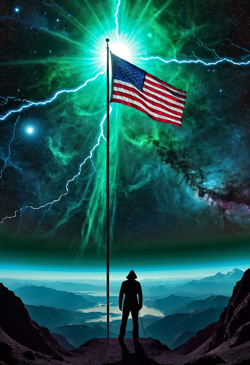 Grim reaper standing next to flag pole (((us flag:1.2) stars and stripes:1.2)) blowing softly in tge wind, overlooking desolate ((volcanic)) valley,  (Illuminati:1.1), (immense detail:1.2)), (deep space, deep galactic travel background),Dark and eavil glow, glow neion paint,  dark, surrealism, defined sharp edges, mystical, (multi-dimensional:1.2), psychedelic art