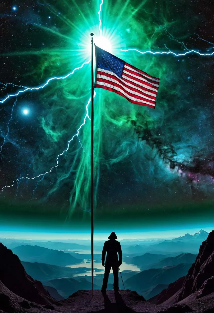 Grim reaper standing next to flag pole (((us flag:1.2) stars and stripes:1.2)) blowing softly in tge wind, overlooking desolate ((volcanic)) valley,  (Illuminati:1.1), (immense detail:1.2)), (deep space, deep galactic travel background),Dark and eavil glow, glow neion paint,  dark, surrealism, defined sharp edges, mystical, (multi-dimensional:1.2), psychedelic art