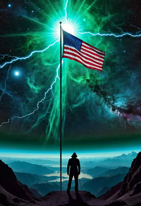 Grim reaper standing next to flag pole (((us flag:1.2) stars and stripes:1.2)) blowing softly in tge wind, overlooking desolate ((volcanic)) valley, (Illuminati:1.1), (immense detail:1.2)), (deep space, deep galactic travel background),Dark and eavil glow, glow neion paint, dark, surrealism, defined sharp edges, mystical, (multi-dimensional:1.2), psychedelic art