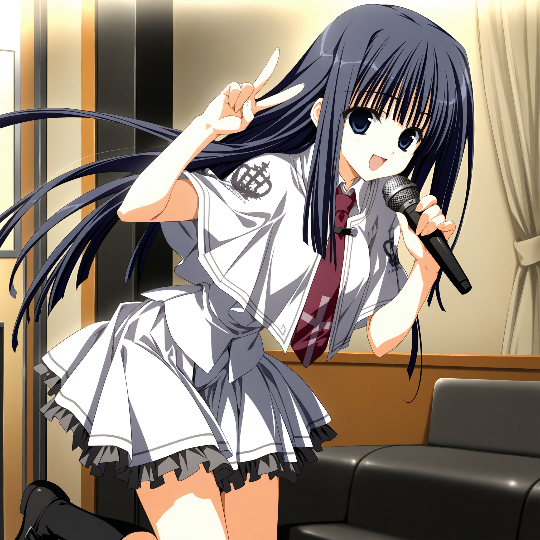 <lora:Takashima_Zakuro_1_nai-000044:1>,Takashima Zakuro,
school uniform,socks,skirt,necktie,black socks,capelet,
1girl,solo,indoors,holding microphone,smile,open mouth,singing,leaning forward,v,