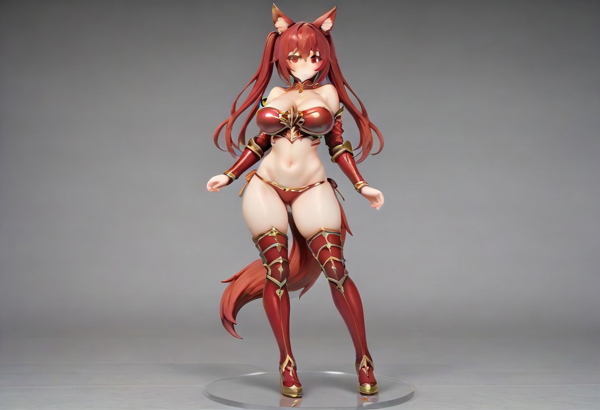 (cerberus),1girl,navel, red eyes,large breasts, , boots, ass visible through thighs, bare shoulders, animal ears, blush, thigh boots, bikini, swimsuit, red hair,,twin_tail_hair, looking at viewer, thighhighs, bikini armor,