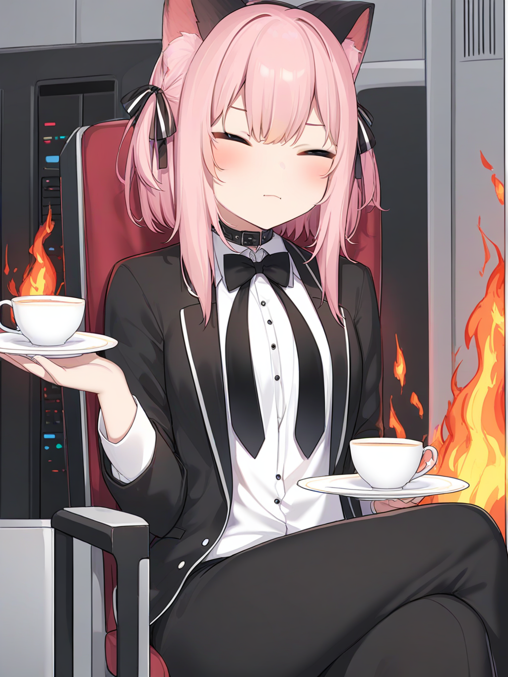 1girl,animal ears,animal ear fluff,cat ears,pink hair,short hair,bangs,blush,closed mouth,hair between eyes,collar,shirt,bow,ribbon,sitting,closed mouth,jacket,closed eyes,hair ribbon,white shirt,sidelocks,open clothes,necktie,collared shirt,pants,indoors,server,server fire,open jacket,cup,black jacket,gun,chair,black pants,formal,crossed legs,suit,fire,holding cup,black necktie,teacup,saucer,holding saucer,engine room fire,
<lora:gan_cheng_3-000044>,