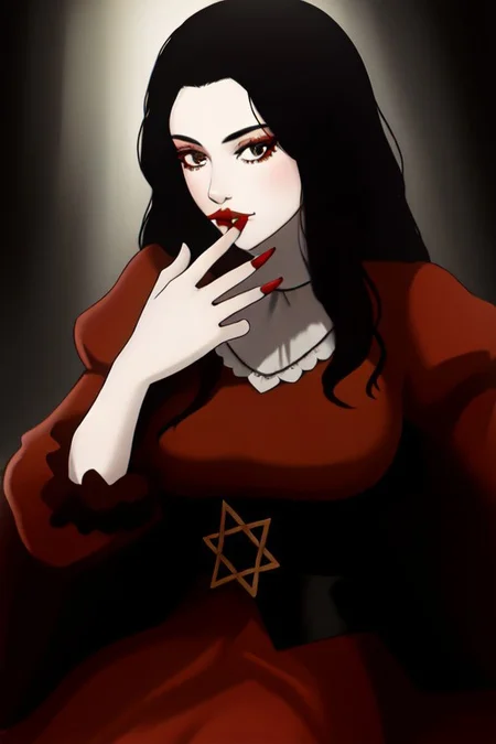 (Belgian) vampire girl, 40 years old, (beautiful:1.75), (very pale skin:1.35), (gothic makeup:0.99), (Red Lipstick:1), (black hair), (anime:0.35), (oval face:0.25), (Halloween), (night), (front view:1.25), (elegant), 10 minutes before the world will end, (back light), hyper-realistic, (ultra-detailed:1), (insanely detailed:1), 4k, realistic 8k, shot on portra 400, (((masterpiece))), (perfect composition:1.55), (best quality), (HD), (Leonardo Da Vinci:0.10), ((Transylvanian Castle)), Perfect hand, Hand, Detailed hand