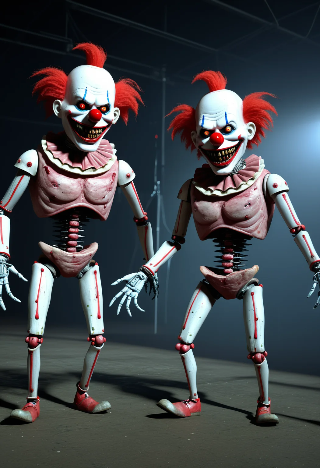 Dancing meat puppets, controlled by a creepy cyborg clown, uncanny valley, nightmare fuel, way too many teeth, oh the horror,
combinestyle