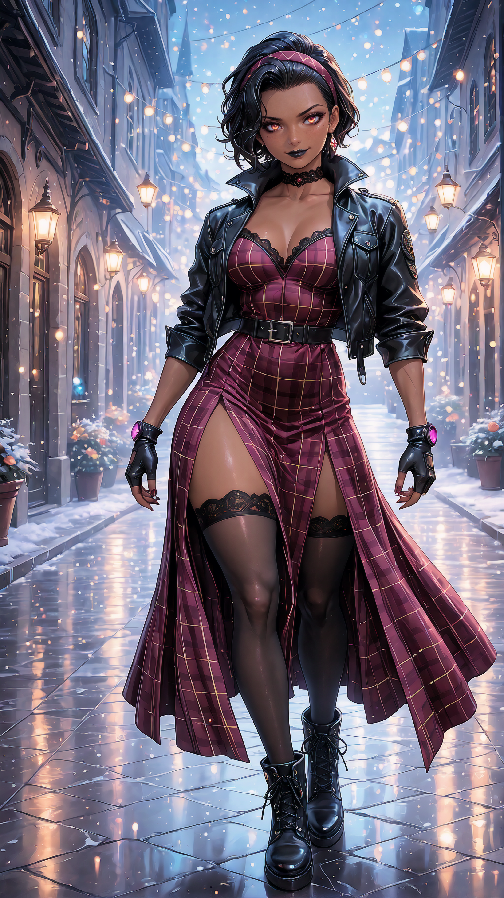 embedding:smoopos, masterpiece, very aesthetic, best quality, high resolution, ultra detailed, perfect details, 

smirking, full body, 

solo, camilanoceda, (dark skin:1.1), muscular woman, (chubby:0.5), black auburn hair, wavy short hair slicked back, maroon plaid hairband, glowing dark amber eyes, (freckles:0.75), eyelashes, dark makeup, black lips, 

black lace, lace choker, high-collar jacket, black open jacket, sleeves pushed up, maroon plaid dress, dual slit long skirt, medium breasts, black fingerless gloves, maroon nails, sheer thighhighs, doc marten ankle boots, black footwear,  

magical, magic lights, glowing, floating lights, shiny, bokeh, bloom, magipas, fantasy