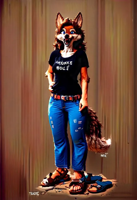 score_9, score_8_up, score_7_up, source_cartoon, style_cartoon, DRAWING, ANIMATED, ANIMAL EARS, SHIRT, WOMAN, FURRY, TAIL, TEXT, PANTS, BLACK SHIRT, SANDALS REMOVED, OVERLAY TEXT, BLUE EYES, JEANS, BELT, FURRY FEMALE, WOLF TAIL, WOLF EARS, DENIM, BREASTS, LONG HAIR, SANDALS, BROWN HAIR, SHORT SLEEVES, BROWN BACKGROUND, DATED, DATED, BAREFOOT, FULL BODY, MEDIUM BREASTS, SOLO, OPEN MOUTH, SANDALS, BODY FUR, SNOUT, BLUE PANTS, BROWN FOOTWEAR, STANDING, STANDING, SMILE, WOLF GIRL, T-SHIRT, T-SHIRT, COLLARBONE, ARTIST NAME, SIGNATURE, SANDALS REMOVED, TEETH, SIMPLE BACKGROUND, HOLDING
