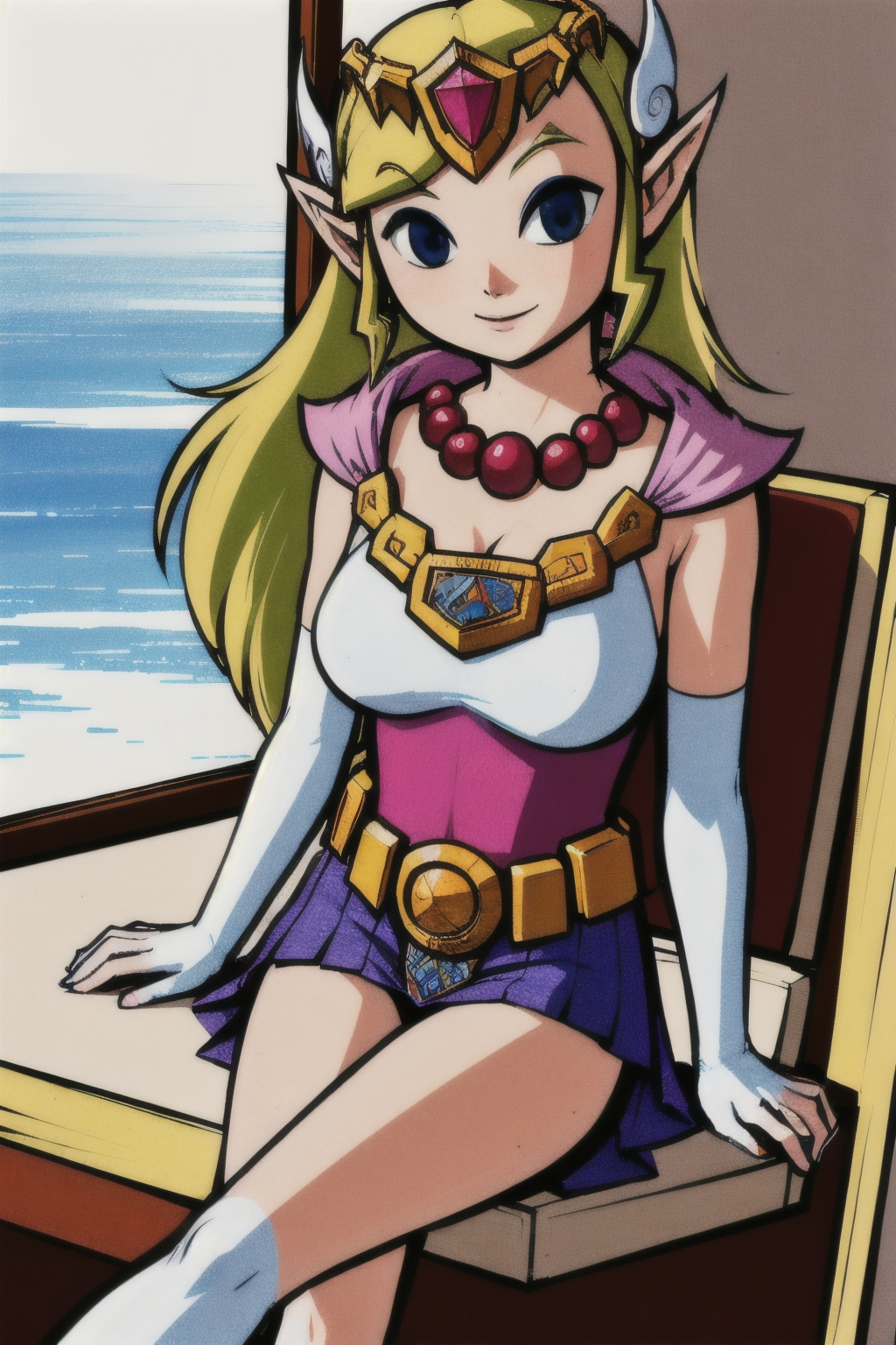 (view from top), in the Foyer, (Realistic:1.5) solo EdobLOZSpiritTracksZelda, Sitting with legs crossed and one hand on knee, huge breasts, <lora:EdobLOZSpiritTracksZelda_v1.2:0.8>