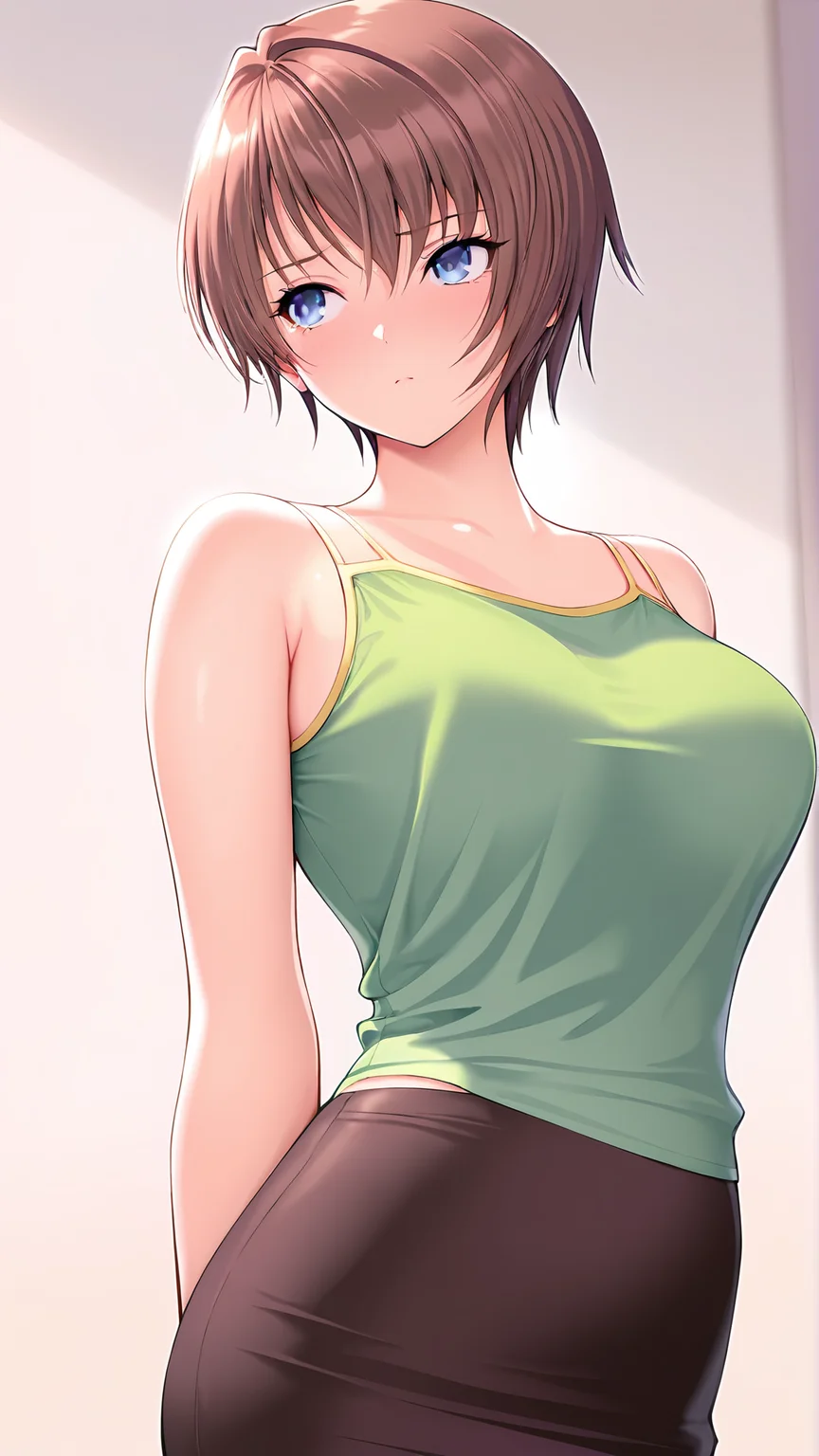 amazing quality,absurdres,best quality,masterpiece,highres,newest,detailed,detailed body,detailed face,masterpiece,best quality,solo,
binikuyuki,1girl,solo,brown hair,short hair,pencil skirt,blue eyes,green t-shirt,sleeveless,bare shoulders,<lora:binikuyuki:0.8>,