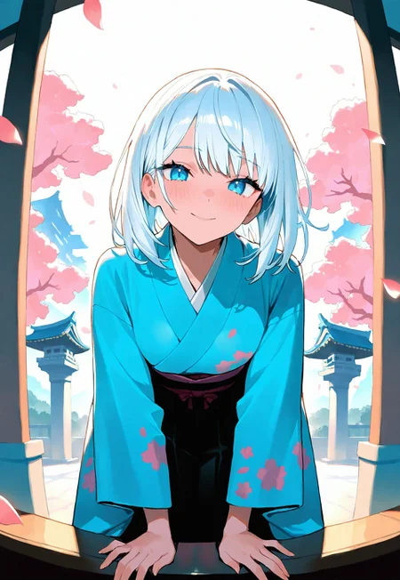 masterpiece, best quality, newest, absurdres, highres, 1girl, white hair, medium hair, kimono, smile, light blush, cherry trees, cowboy shot, lean forward, japanese traditional castle, daytime, flowing petals, blue eyes, eyeliners, depth of view, thin waist, warm lighting, soft shadow,
