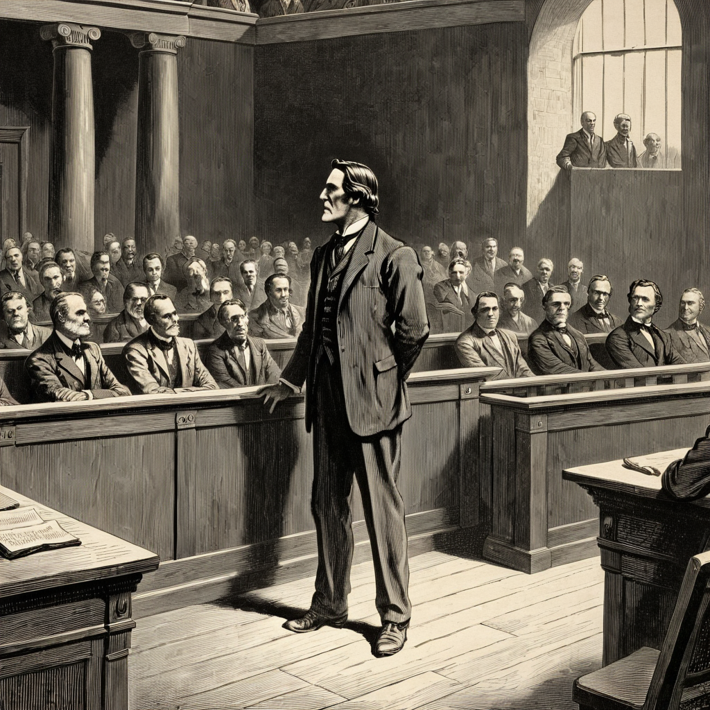 (woodcut illustration:1.2) in detailed gustavedore style, , crisp even lines, high contrast, Tenebrism,
"To Kill a Mockingbird" by Harper Lee: Atticus Finch, standing upright in a courtroom of the 1930s American South, defending Tom Robinson. The courtroom is filled with attentive spectators, reflecting the tension and racial atmosphere of the era.
by gustave dore <lora:GustaveDore_StyleXLv6.1:0.5>  <lora:xl_more_art-full_v1:0.25> <lora:add-detail-xl:0.45>