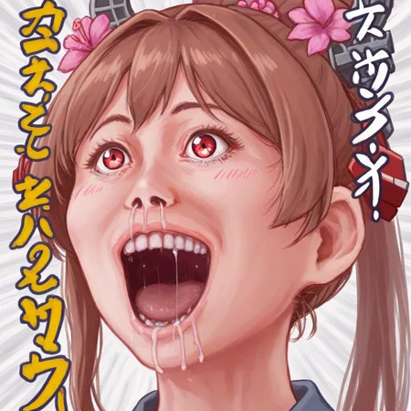 score_9, score_8_up, score_7_up,
absurdres, highres, realistic, 
1girl, yamato \(kancolle\), kantai collection,  brown hair, ponytail, hair flower, hair ornament, head gear, serafuku, 
red eyes, smile, style parody,  snot, blush, drooling, saliva, emphasis lines, archaic japanese text, text, 
<lora:natsumi_ikitottanka_ware_v002_pony:1>,