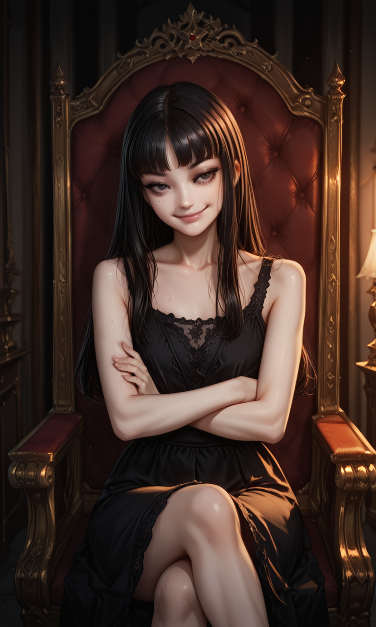 1girl, tomi3, black hair, bangs, sitting, smirk, black dress, fancy dress, throne, arms crossed, leaning, smirk, mole, lips, eyelashes, dramatic lighting, dark lighting, contrast lighting, indoors, night, crossed legs, embedding:IllustriousQual, embedding:Smooth Quality, 1girl, tomi3, black hair, bangs, sitting, smirk, black dress, fancy dress, throne, arms crossed, leaning, smirk, mole, lips, eyelashes, dramatic lighting, dark lighting, contrast lighting, indoors, night, crossed legs, embedding:IllustriousQual, embedding:Smooth Quality,<lora:MoriiMee_Gothic_Niji_Style_Illustrious_r1.safetensors:0.2:0.2> <lora:tomi3.safetensors:1:1>