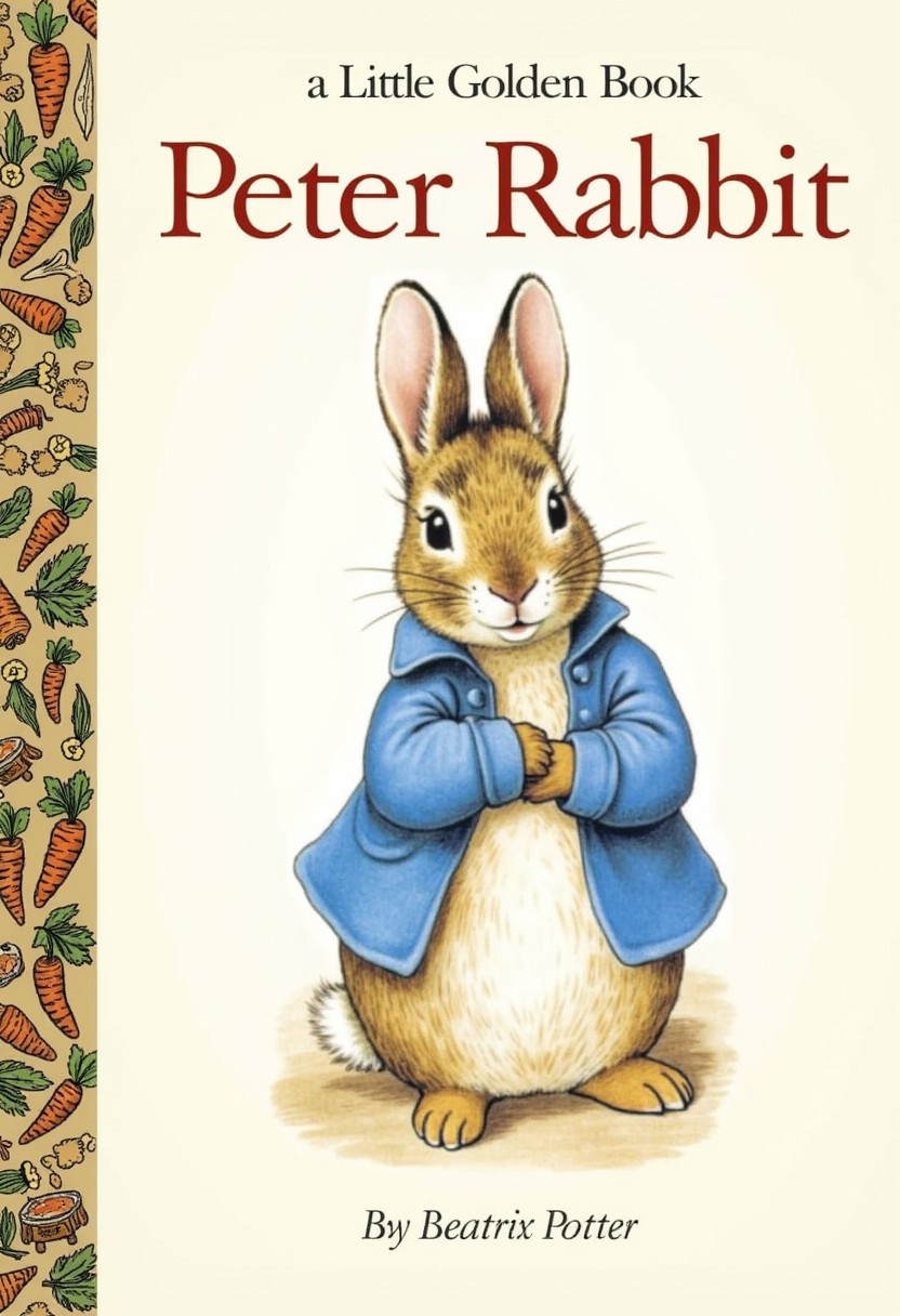 The front cover of a book in the "a Little Golden Book" series titled "Peter Rabbit", "a Little Golden Book" written just above the main title. 
 the cover depicts a small Rabbit in a blue jacket By artist Beatrix Potter, The left side of the cover is adorned with a golden decorative border with pictures of carrots