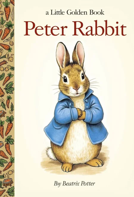 The front cover of a book in the "a Little Golden Book" series titled "Peter Rabbit", "a Little Golden Book" written just above the main title. 
 the cover depicts a small Rabbit in a blue jacket By artist Beatrix Potter, The left side of the cover is adorned with a golden decorative border with pictures of carrots