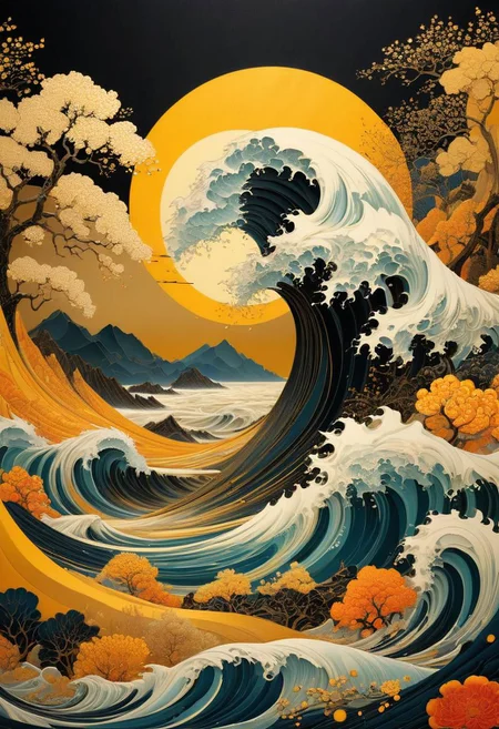 very beautiful insanely detailed image of tsunami in golden spring". beautiful golden mountains, bright dark yellow ornate sun, by Victo_Ngai, Oleksandra Ekster, Malevich, Vladyslav Yerko and Alexander Jansson, Vladyslav Yerko! Very Complex perfect elegant composition! linen gesso acrylic paper, epic Dramatic lighting! Razor-sharp quality insanely detailed, deep colors realistic masterpiece<lora:xl_more_art-full_v1:0.5>