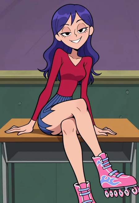 Mrcia_Ws, 1 girl, solo, hair down, purple hair, red long sleeve shirt, blue skirt, short skirt, pink roller skates, sitting on desk, smiling, looking at viewer, crossed legs, sexy, teasing, seductive, teasing, flirting,