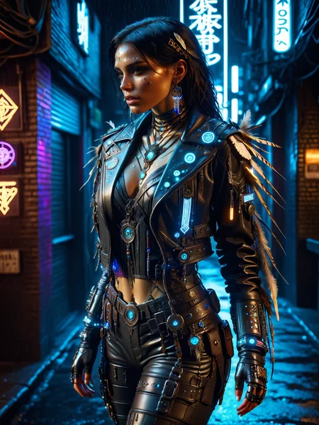 cinematic shot, dramatic lighing, woman, mad-cybrshmn, ornated leather clothing, magic glow, bone, gems, feathers, dark hair, cyberpunk alley, night, neon lights, rain, <lora:Neon_Cyberpunk_SDXL_Cybershaman:1>, masterpiece, best quality, ultra high res, (photorealistic, realistic:1.2), deep shadow, raw photo, film grain, Fujifilm XT3, 8k uhd, dslr