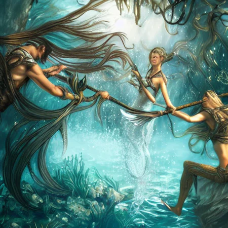 concept-art of mermaids fighting underwater with tridents