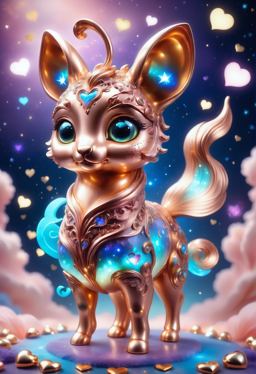 a cute zhibi domestic animal <lora:zhibi:0.8> made out of Jed-ANC <lora:ArtNouveauCopperStyle:0.9>, cuteness overload, surrounded by stardust and floating hearts <lora:heartmiststyle:0.5> in a starLS fantasy landscape <lora:stardustlandscapes-000006:0.7>, enticing and electroluminescent, fantasy, kodachrome, highly intricate, lush, stunning detail, creative, sublime, stunning