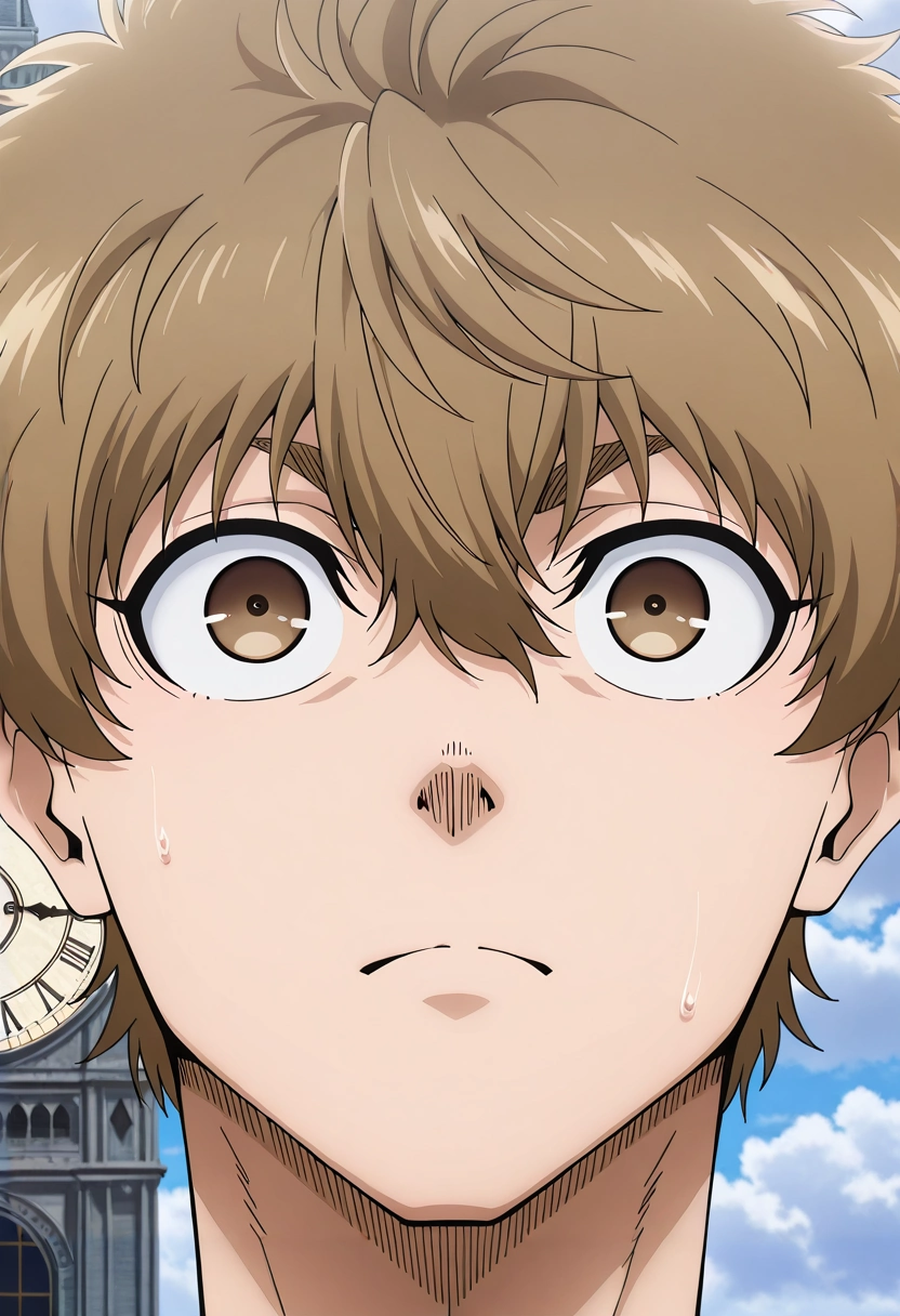 masterpiece, best quality, intricate details, anime screencap, anime coloring, official style, looking at viewer, 1boy, solo, male focus, <lora:asahi_naruhaya_ilxl:0.98>, asahi_naruhaya, brown hair, brown eyes, short hair, hair between eyes, bangs, , Big Ben, London, iconic clock tower, crowded square, looking up, awe-struck expression, cloudy sky,