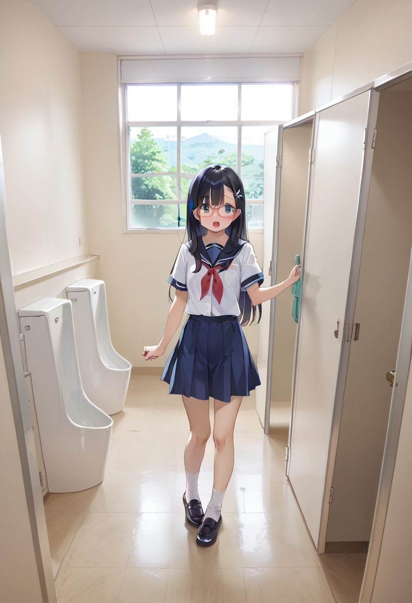 score_9, score_8_up, score_7_up, rating_safe, masterpiece, best quality, absurdres, unity 8k wallpaper, official art, official style, source_anime, game cg, megami magazine,
danshitoire, syobenki, urinal,  koshitsu, door, indoors, window, scenery, day,
1girl, solo, glasses, black hair, long hair, school uniform, full body, looking at viewer, surprised,
<lora:danshi_toilet_PONY_V5:0.6>