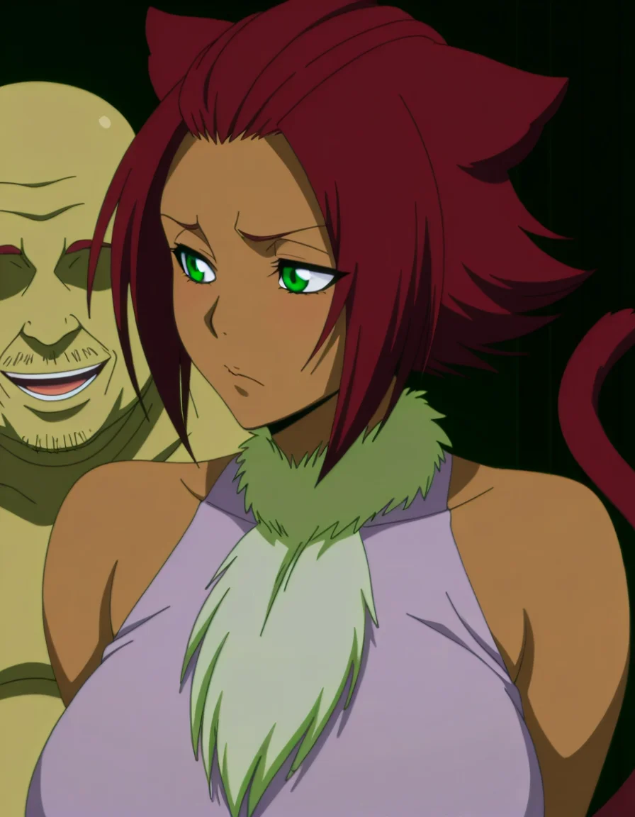 masterpiece, best quality, amazing quality,, <lora:haineko-anime-illustriousxl-lora-nochekaiser:1>, haineko, short hair, red hair, animal ears, tail, cat ears, cat tail, green eyes, dark skin, dark-skinned female, mature female, breasts, anime screencap, <lora:faceless-ugly-man-illustriousxl-lora-nochekaiser:1>, faceless ugly man, faceless, ugly man, fat, faceless male, fat, bald, mature male,,