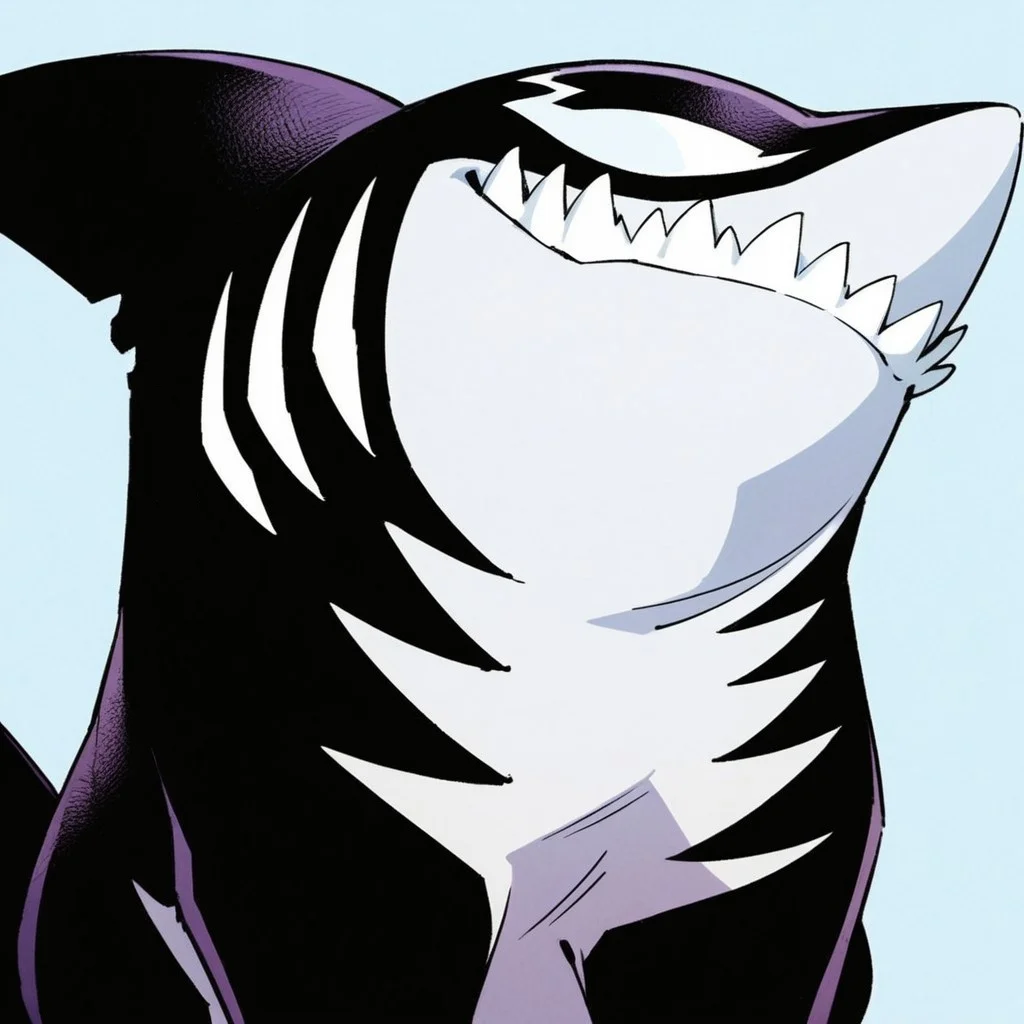 score_9, score_8_up, score_7_up, Expressiveh, masterpiece, best quality, highly detailed, realistic, 1boy, solo, SymJLS, furry, feral, marine, shark, fin, white sclera, no pupils, dark-purple body, white body, two tone body, all fours, sharp teeth, sitting, upper body, close-up, (blue background, simple background), smile, looking at viewer, closed mouth