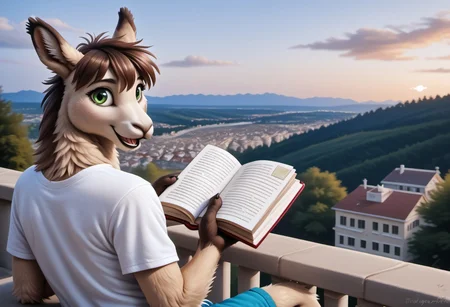 anthro, male llama, tufted fur, llama tail, detailed fur, brown fur, brown hair, green eyes, realistic, highres, super high resolution, 8k, photo, detailed fur, detailed, anthro, F.M PDXL, whtfx, soft body fur, modren city, summer, night, sitting on balcony, overview, open smile, t-shirt, shorts, solo, reading book,