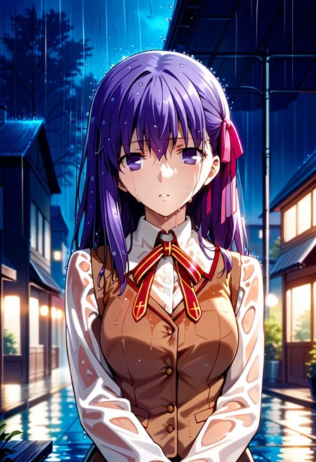 score_9,score_8_up,score_7_up,source_anime, MATOU_SAKURA,1girl,solo,long hair,breasts,looking at viewer,bangs,shirt,long sleeves,ribbon,school uniform,purple eyes,hair ribbon,white shirt,upper body,purple hair,outdoors,parted lips,collared shirt,blurry,vest,red ribbon,wet,neck ribbon,night,wet clothes,rain,pink ribbon,brown vest,homurahara academy school uniform,