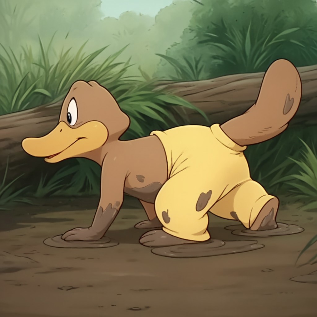 score_9, score_8_up, score_7_up, score_6_up, score_5_up, score_4_up, source_furry, Flapbbv2, semi-anthro, male, Platypus, brown fur, duck-billed, webbed feet, yellow pants, outside, covered in mud