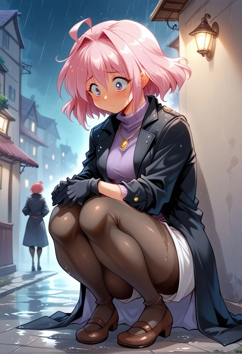 score_9, score_8_up, score_7_up, source_cartoon, solo, robot woman, black coat, purple turtleneck, black pantyhose, black gloves, (caught in the rain, on her knees, sad, wet:1.3), (indirect lighting, dynamic lighting:1.4), back alleyway, at night, (detailed image, high resolution, 5k resolution:1.0), (las lindas style), (anime Art Style:1.2)