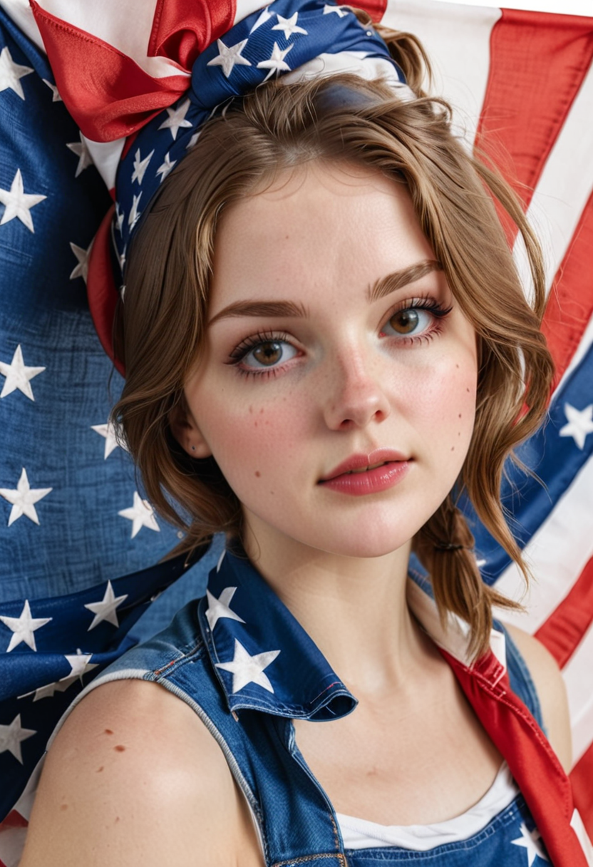 <lora:Jamie - The RBAAG_epoch_10:0.8>j4mi3, 1girl, american flag, american flag print, bandana, brown eyes, brown hair, denim, flag background, freckles, lips, looking at viewer, patriotic, pocket, solo, subsurface scattering, Photorealistic, Hyperrealistic, analog style, realistic, film photography, soft lighting, heavy shadow