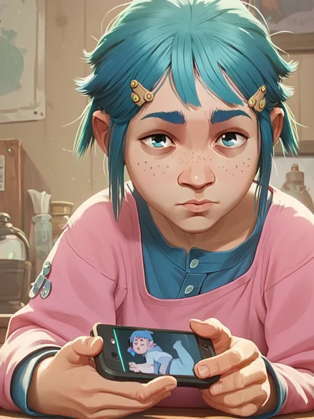 score_9, score_8_up, score_7_up, powder, orphan, a girl with blue hair is looking at her cell phone, 1girl, solo, looking at viewer, short hair, bangs, shirt, hair ornament, long sleeves, 1boy, closed mouth, male focus, green hair, hairclip, indoors, freckles, <lora:arcane_pony_v1-2_mx:0.95>