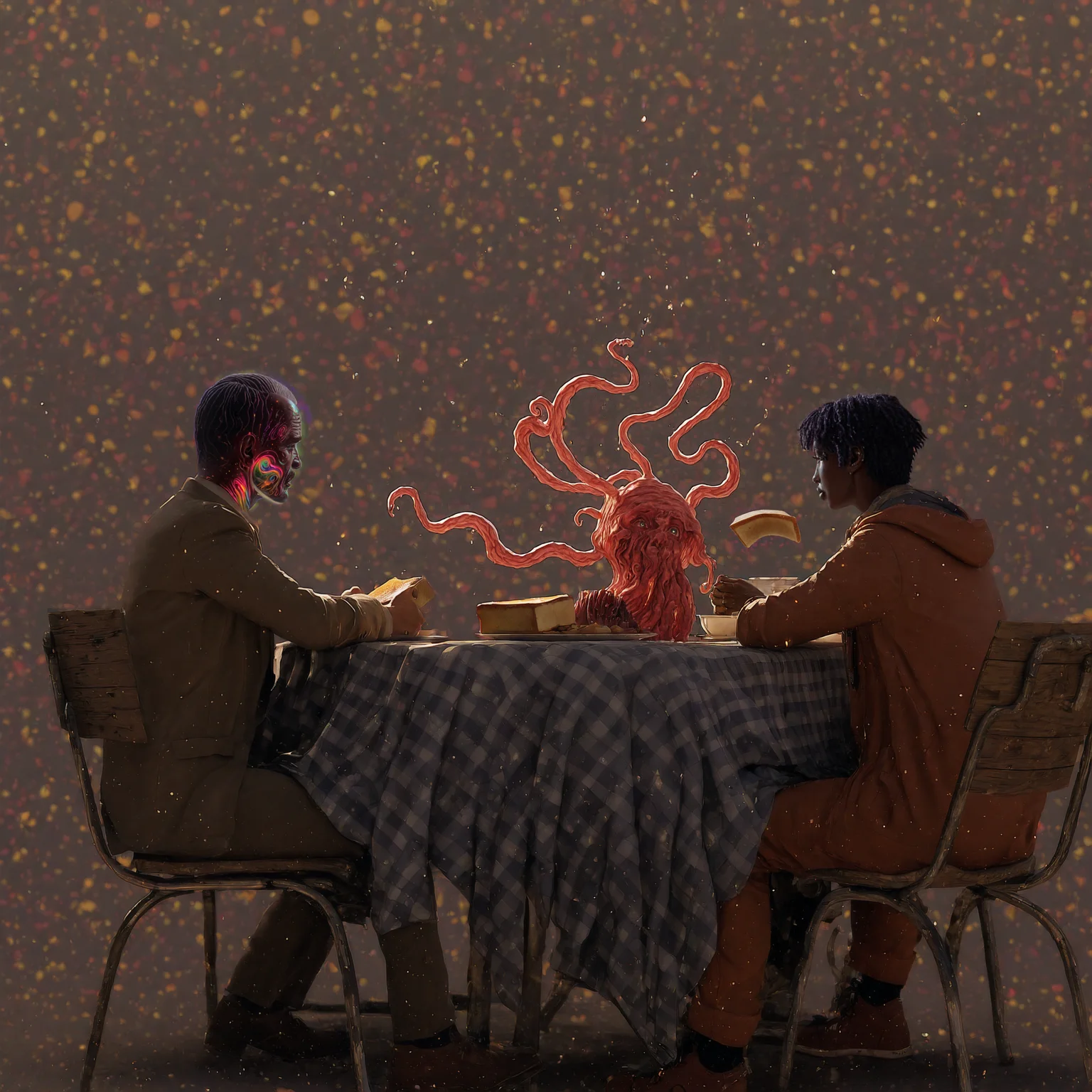 masterpiece, realistic, colorful background,
cosmic horror, madness, mind ripples, absolute chaos, unbelievable destruction,
bald head, man's head, transparent glass head, head filled with beer,
cthulhu raises a toast, a family having lunch at a picnic table,