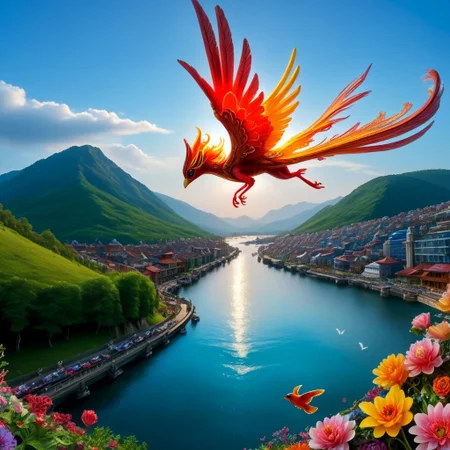 score_9, score_8_up, score_7_up, Phenomenal Almighty Phoenix with body adored from pink and red crystals flying in the sky in its splendor, intense pink and red glowing aura on the phoenix's body, powerful energy reside inside the core of phoenix's body and the phoenix's eyes radiating blazing heat, strong focus on subject, strong bokeh, masterpiece, flawless complexion, top quality, best quality, ultra-realistic, ultra-detailed, 8k, highest resolution, surreal, incredibly lifelike, real life photo reality, lots of colorful kinds of beautiful flowers, bunches of tiny little animals, tiny birds and butterflies flying around, fish jumping in the air, wisdom tree, sunlight, perfect shadow, perfect panorama photo, lakes, meadows, best artistic scenery, colorful, rich colors, perfection artistic, uncanny realism, realism pushed to extreme, outstanding clear photo quality, immaculate-micro-details phoenix, intricate details, awards winning legendary almighty beast photography, 360 View, 360, micro details photography, shot on Canon EOS 5D, glamour photography, radiant god rays, Ilford HP5 Plus, Photographers by Tim Walker, technicolor, hattiezazu, digital art, depth of field, (distant view:1.37)