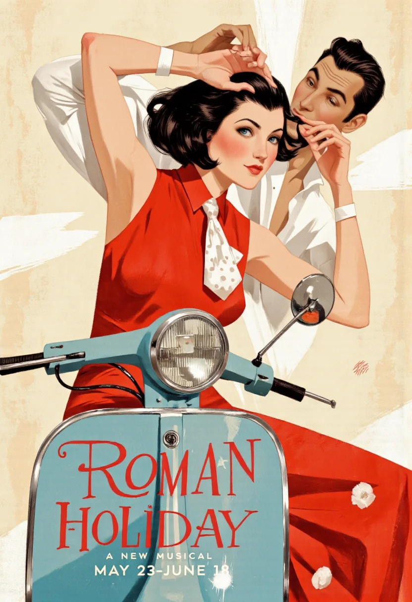 . A vibrant and colorful poster for the musical "Roman Holiday" featuring a stylized illustration of a woman in a red dress and a man in a white shirt, engaged in a playful and flirtatious act. the woman is sitting on a blue scooter, holding the man's hair with both hands, with a playful expression on her face. she has short black hair styled in a bob cut and is wearing a white polka dot tie. the man is standing behind her, holding her hair with one hand and adjusting it with the other. the background is a light beige color with a soft, abstract texture, and the text "roman holiday" is written in a bold, red font at the bottom of the poster, with the words "a new musical" and "may 23-june 18" in a smaller font below. the poster has a modern, minimalist design with clean lines and bright colors, giving it a retro feel.