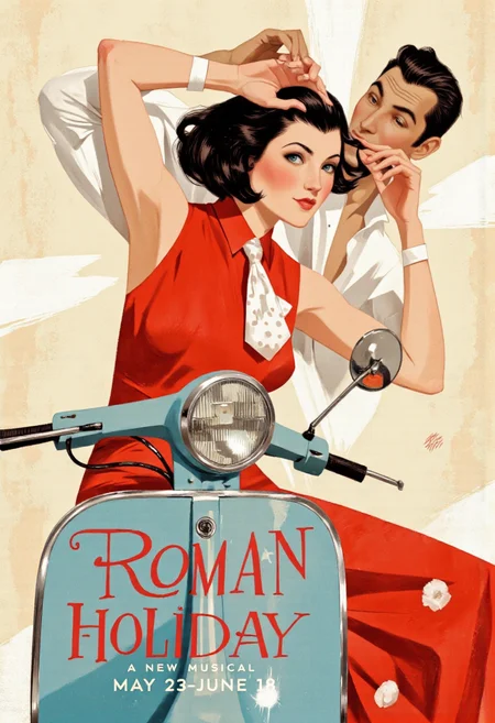 . A vibrant and colorful poster for the musical "Roman Holiday" featuring a stylized illustration of a woman in a red dress and a man in a white shirt, engaged in a playful and flirtatious act. the woman is sitting on a blue scooter, holding the man's hair with both hands, with a playful expression on her face. she has short black hair styled in a bob cut and is wearing a white polka dot tie. the man is standing behind her, holding her hair with one hand and adjusting it with the other. the background is a light beige color with a soft, abstract texture, and the text "roman holiday" is written in a bold, red font at the bottom of the poster, with the words "a new musical" and "may 23-june 18" in a smaller font below. the poster has a modern, minimalist design with clean lines and bright colors, giving it a retro feel.