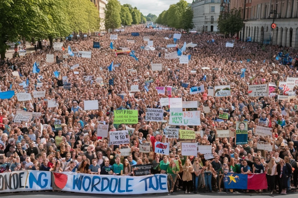 photo of a large crowd of young people on a demonstration , (many faces),    <lora:people_010_cosine_iter4_ 0000025all_jugger_adafactor_128_64_new:0.7>