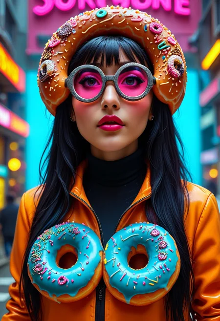 d0nu71f13d, An epic photo of a gorgeous cyberpunk model wearing oversized donut glasses made of doughnuts, neon color, masterpiece, best quality, highly detailed, sharp focus, dynamic lighting, flux-style, mobe-cybideen