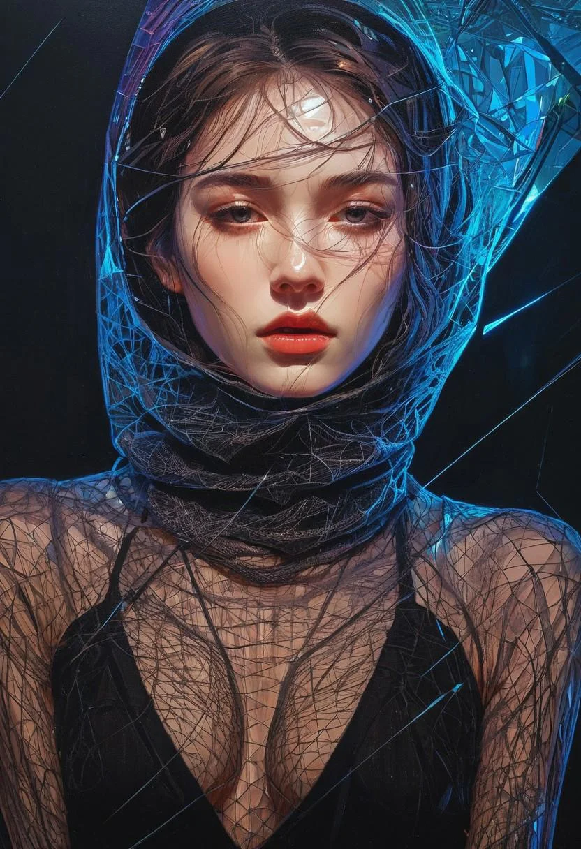 elegant haired abstract beauty, approaching perfection, dynamic, pitch black, highly detailed, dark, moody, low light, lowly lit, digital painting, artstation, concept art, smooth, sharp focus, illustration, art by Carne Griffiths and Wadim Kashin, black and red colors, good shadows, back lit, hidden, obscured, (pale skin:1.6), brushed eyebrows, busty, cleavage, (prisms:1.6), (prismatic:1.5), (ghostly thin veil:1.6), prismatic, reflections, cyberpunk, (black light clothes:1.6), monolith, mirrors, mirror, monolithic, obsidian, sun circle, other worldly, (different dimensions:1.7), (mysterious:1.5), (portrait:1.7), blue bra,