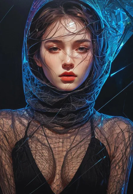 elegant haired abstract beauty, approaching perfection, dynamic, pitch black, highly detailed, dark, moody, low light, lowly lit, digital painting, artstation, concept art, smooth, sharp focus, illustration, art by Carne Griffiths and Wadim Kashin, black and red colors, good shadows, back lit, hidden, obscured, (pale skin:1.6), brushed eyebrows, busty, cleavage, (prisms:1.6), (prismatic:1.5), (ghostly thin veil:1.6), prismatic, reflections, cyberpunk, (black light clothes:1.6), monolith, mirrors, mirror, monolithic, obsidian, sun circle, other worldly, (different dimensions:1.7), (mysterious:1.5), (portrait:1.7), blue bra,